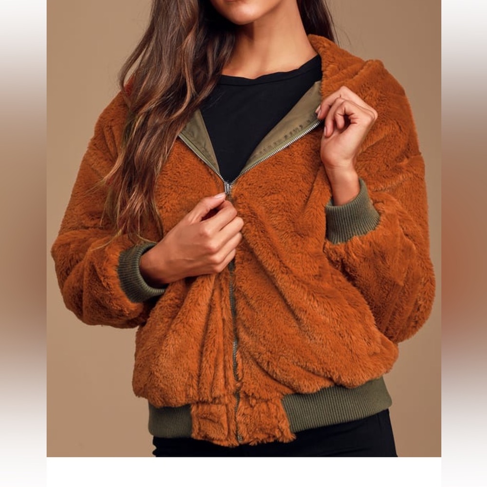Lulus Top Notch Olive Green Faux Fur Reversible Bomber Jacket - Size S - Picture 3 of 6
